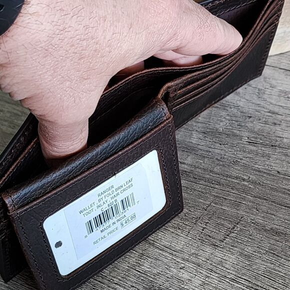 Western Dark Brown Leather Bifold Wallet Cowhide Inlay Cross Silver Stud Accent - Picture 9 of 13